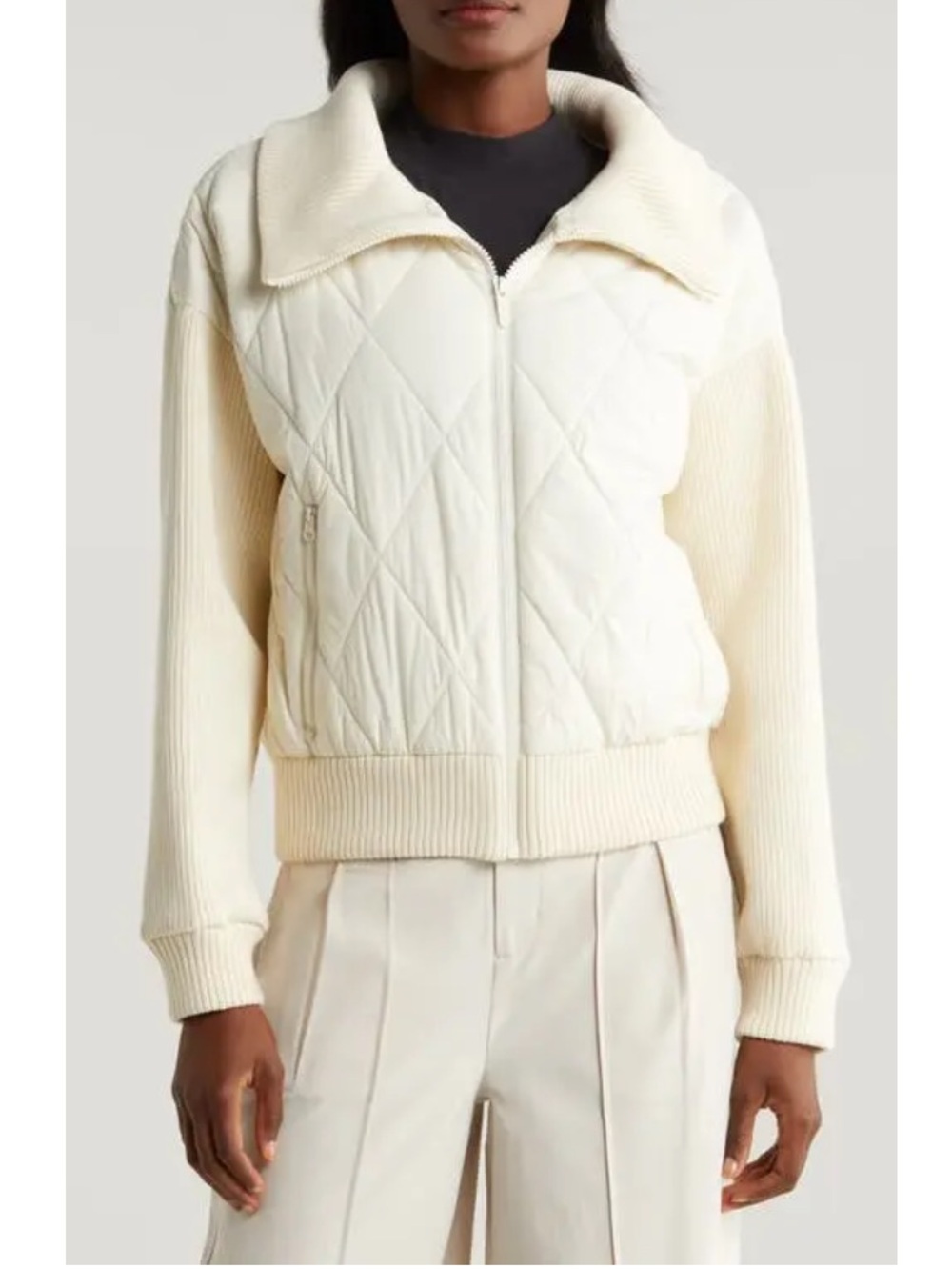 NWT Zella Hybrid Zip Front Cream Quilted Puffer Jacket with Ribbed Trim Size XL